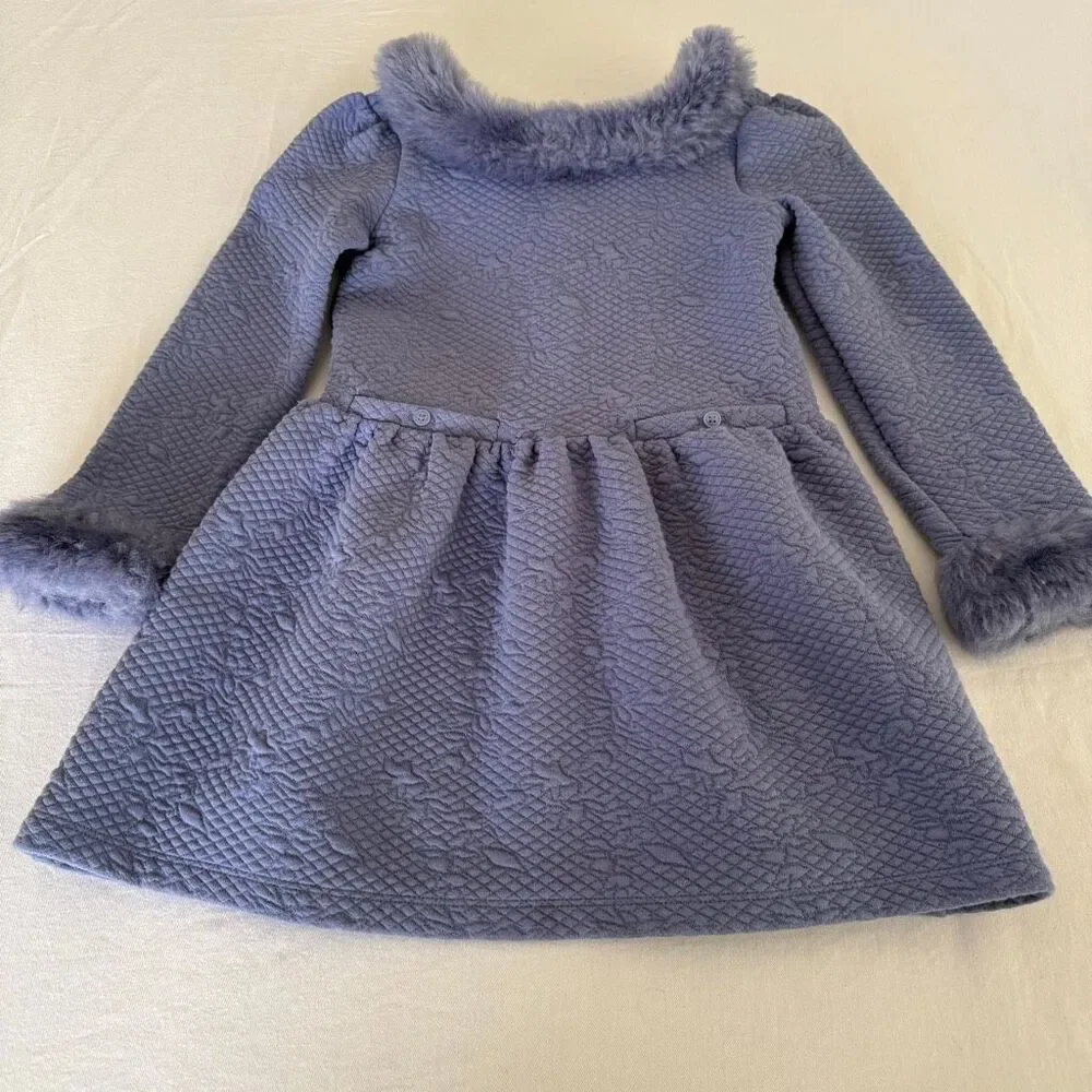 Janie and Jack | Lilac Textured Floral Knit Dress | Faux Fur Trim | Girls 6